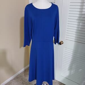 Lands End 3/4 sleeve Fit & Flare midi dress sz 2X royal blue EASY CARE/TRAVEL